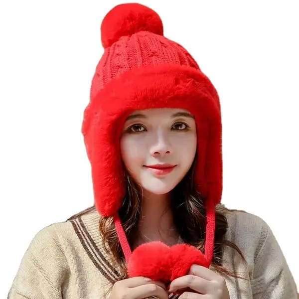 New Crochet Ski Women Chunky Knit Pom Fur Knitting Winter Hat with Big Earflap