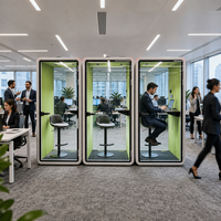 Cabine de travail individuelle insonorisée avec bureau réglable en hauteur, conception modulaire pour réduction du bruit, idéale pour les appels téléphoniques.