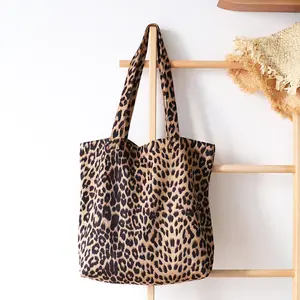 Bolso de lona con estampado de leopardo para mujer, bandolera de un solo hombro, informal, reutilizable, tamaño grande, de lujo