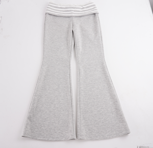 Pantalon évasé pour femme avec bordure en dentelle, taille mi-haute, coupe ample, style décontracté, couleur unie, longueur pleine, idéal pour l'été - Product Image 2