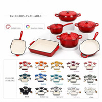 Juego de Utensilios de Cocina de Hierro Fundido Esmaltado Azul Estilo Vintage, 7 Piezas, Olla Holandesa Resistente, Cacerola y Sartén para Cocina al Aire Libre
