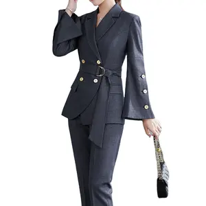 OEM Women's Elegant Office Lady Flare Sleeves Jacket High Quality 2 Piece Suit with Trouser Pant Fashionable Wholesale Wear Set