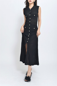 Da donna elegante girocollo senza maniche traforato in maglia Jacquard vestitino monopetto <span class=keywords><strong>lungo</strong></span> - Product Image 2