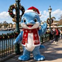 Costume de mascotte de Noël Dauphin Bleu de Dessin Animé, avec Chapeau de Père Noël et Écharpe Flocon de Neige Rouge, en Peluche et Matériau EVA, pour Adulte, pour Événements de Noël