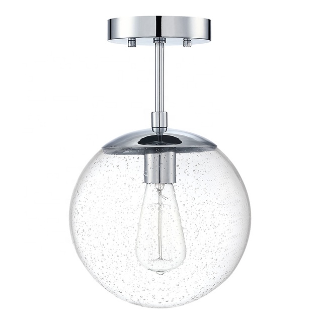 1-Light Globe Indoor Ceiling Light Chrome Finish 9" Clear Seeded Glass Shade Modern Hanging Light Living Room Dining Room