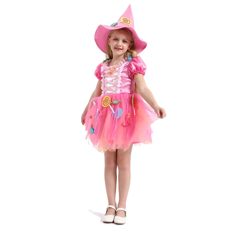 In stock Halloween bambini Fancy Girls Dress Cosplay Candy Witch Costume con cappello Halloween Witch Dress