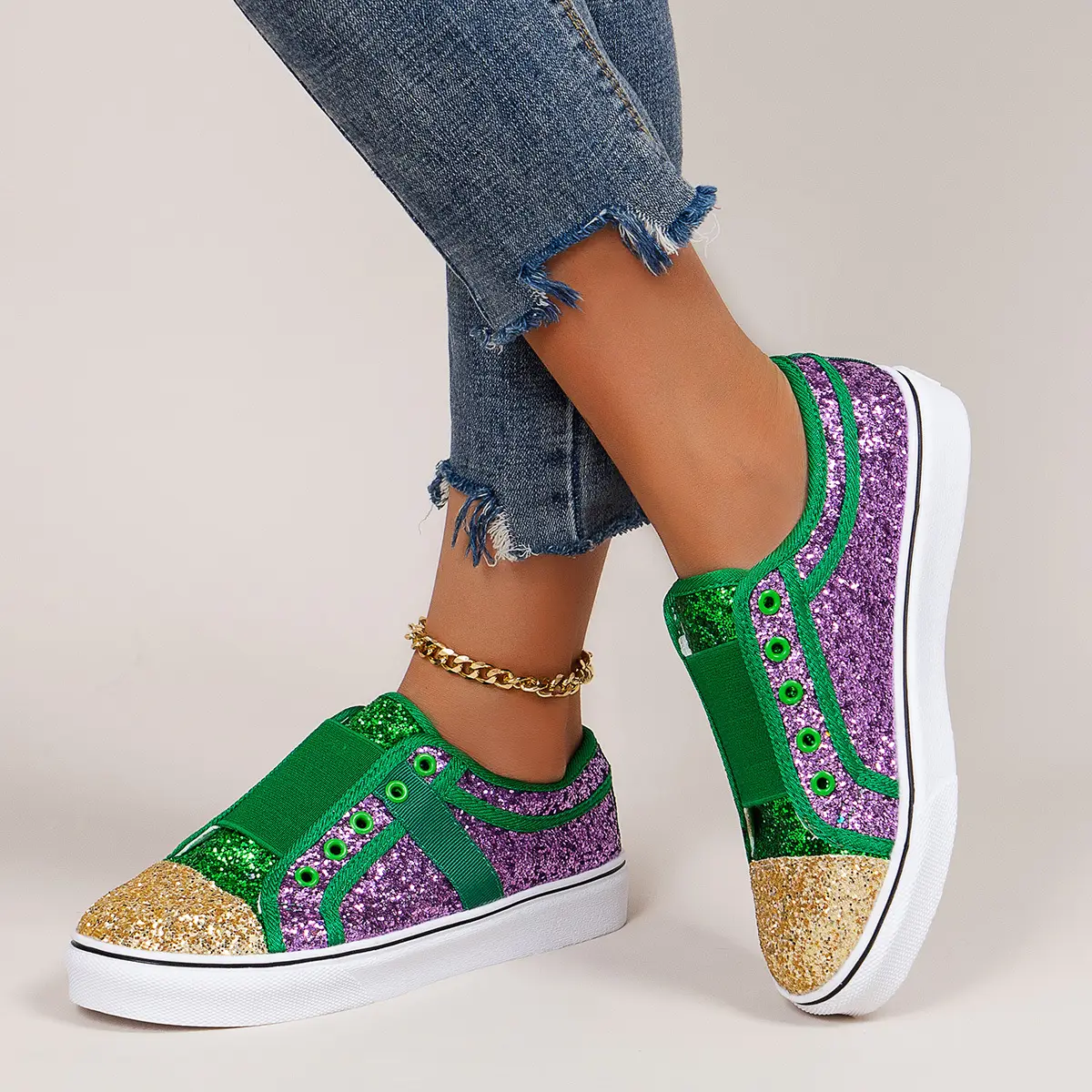 Sandales à enfiler pour femmes, à patchwork, chaussures plates, décontractées en toile avec paillettes, tendance, nouvelle collection 2021