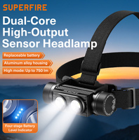 Lampe frontale rechargeable à double faisceau LED HL83 750LM avec détecteur de mouvement, 6 modes, Type-C, IP43, résistance aux chutes de 1m, batterie 18650 amovible