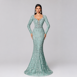 <span class=keywords><strong>Abito</strong></span> da Sera di Lusso a Maniche Lunghe con Strass e Perline, Stile Sirena, Lunghezza a Terra, Scollo Quadrato, per Eventi Formali, <span class=keywords><strong>Red</strong></span> <span class=keywords><strong>Carpet</strong></span>, Banchetti e Balli di Gala - Product Image 2