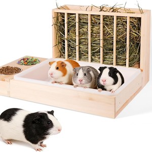 Comedero de madera para conejillos de indias con soporte para heno y tazón para comida, para mascotas de interior, estación de alimentación multifuncional para mascotas - Product Image 2
