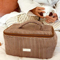 Bolsa de Maquillaje de Viaje para Mujer, Cuadrada, de Gran Capacidad, con Rayas Color Castaño y Asa