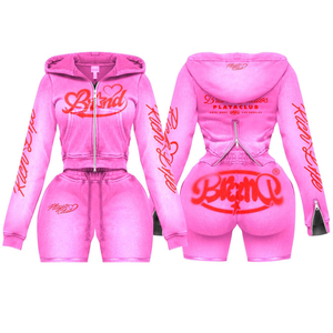 Conjunto de Sudadera Corta y Pantalones Cortos Verdes para Mujer, Transpirable, de Forro Polar Ecológico, con Cremallera de Manga Larga, Estampado de Encaje, 2 Piezas, Poliéster y Algodón - Product Image 5
