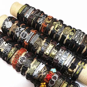 Wholesale 50pcs/Lot Leather Metal Charm Bracelets For Men Vintage Wrist Cuff Bracelets For Women Gifts Jewelry Mix Style