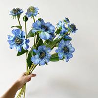 Bunga Scabiosa Buatan dengan Pot Bunga Biru, Rangkaian Bunga Rumput Pinus Alami, Perlengkapan Dekorasi Bunga