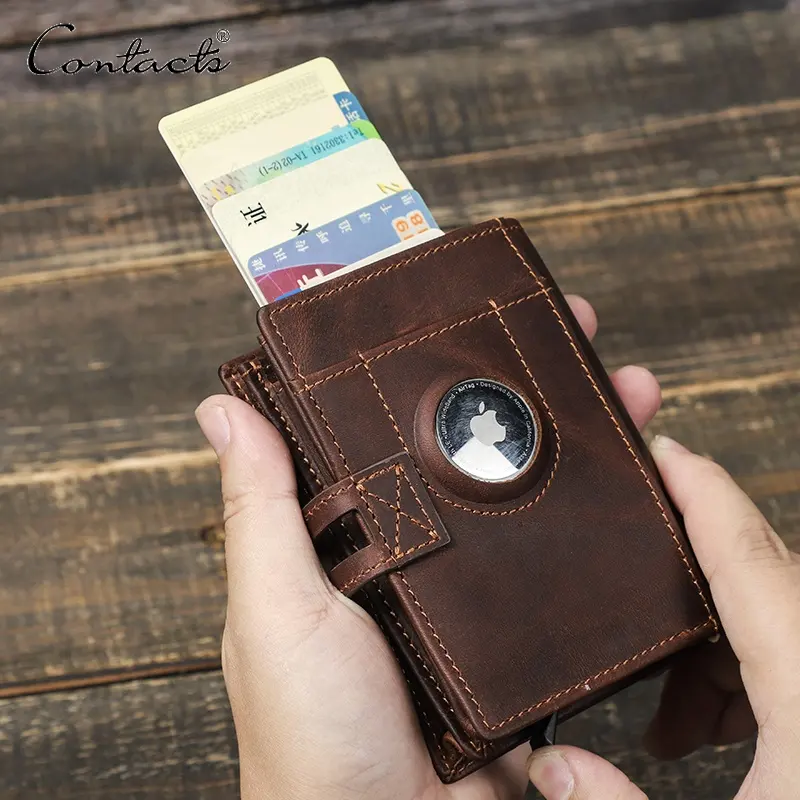 CONTACT'S Brand Design Italian Full Cowhide RFID Airtag Slot Wallet Men Pop Up Card Leather Bifold Wallet