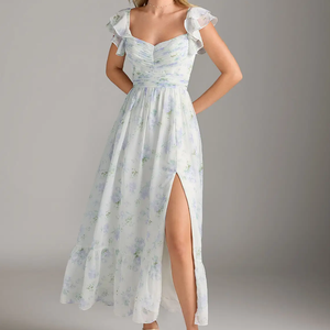 Robe longue en mousseline de soie à imprimé floral personnalisée ODM, manches volantées, col en V, imprimé floral, robe maxi fendue, impression numérique, robe pour femme - Product Image 1