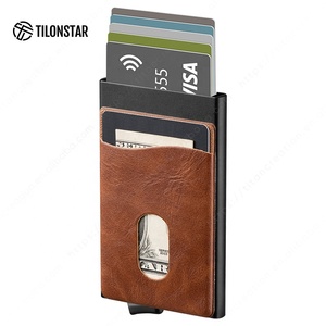 TILONSTAR TVC105 Tarjetero Delgado de Aluminio con Clip Frontal de Cuero, Protección RFID Automática, Tarjetero Emergente para Tarjetas de Presentación - Product Image 1