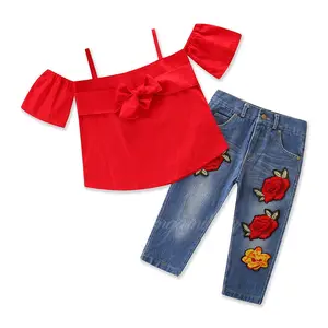 Mùa Hè Nóng Phong Cách Trẻ Em Mặc Phong Cách Mỹ Cô Gái Màu Đỏ Halter Top Và Thêu Jeans Kid Quần Áo Set Cho Cô Gái Bán Buôn