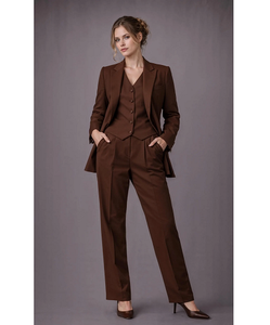 Ensemble de costume cintrée marron pour femme, élégant, trois pièces : blazer, gilet et pantalon, tenue coordonnée, vêtements de bureau formels de qualité supérieure, costume d'affaires - Product Image 1