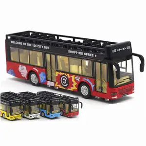 Autobús de aleación de simulación de turismo con parte superior abierta, modelo de autobús de juguete, coche de aleación, juguete con luces y música, autobús de juguete para niño