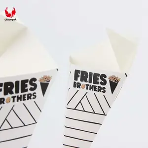 Foldable chip paper cone with sauce tray white paper with printing customized design