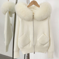 Jxwatcher Manteau d'hiver en tricot doux de luxe Col en fourrure de renard véritable avec poche zippée Vente en gros de pull en laine personnalisé pour femmes