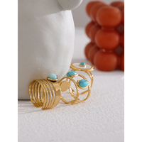 JINYOU 023 Vente en gros Bague ouverte réglable en acier inoxydable avec pierre de coquillage géométrique et turquoise, plaqué or véritable, pour femme, collection été