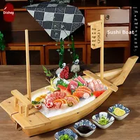 Plateau de service en bois style bateau minimaliste japonais pour sashimi, fruits de mer et sushi, avec glace carbonique, design bateau du dragon