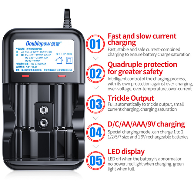 Factory Wholesale KH32 Smart LED Display AA AAA 9V NI-MH NICD Battery Charger 1.2V Smart LED Battery Charger
