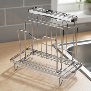 Porte-couteaux de cuisine moderne en acier inoxydable chromé, écologique, sur pied, avec support pour planche à découper - Product Image 3