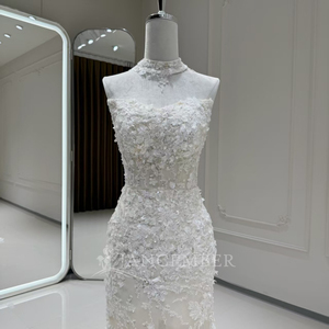 Robe de mariée de luxe blanche moderne Xx104 avec appliques florales en dentelle, traîne chapelle et collier ras-du-cou perlé - Product Image 4
