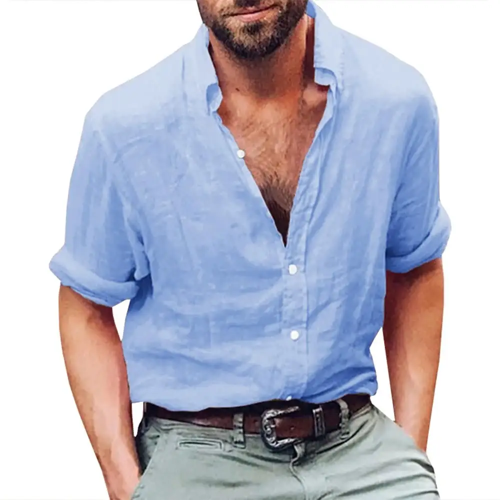 Men's Button Shirt Long Sleeve Linen Beach Casual Cotton Summer Lightweight Top