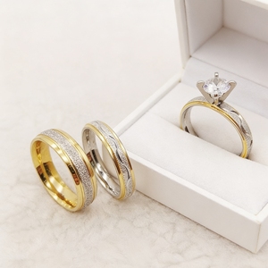 Ensemble de bagues de mariage assorties pour lui et pour elle, 3 pièces, bagues de couple bicolores, finition givrée, bague de promesse <span class=keywords><strong>solitaire</strong></span> pour femme - Product Image 1