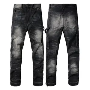 1328 Customized Logo Black Design Baggy Fit Wide Leg Loose Carpenter Cargo Straight Leg Jeans For Men