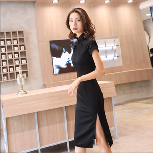 Gary doble capa color sólido negro <span class=keywords><strong>Qi</strong></span> <span class=keywords><strong>Pao</strong></span> de longitud media chino elegante temperamento cheongsam vestido de fábrica - Product Image 4