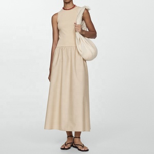 <span class=keywords><strong>Prix</strong></span> usine femmes nouvelle mode col rond sans manches Maxi robe élégante coton lin mélangé couleur unie lavable - Product Image 1