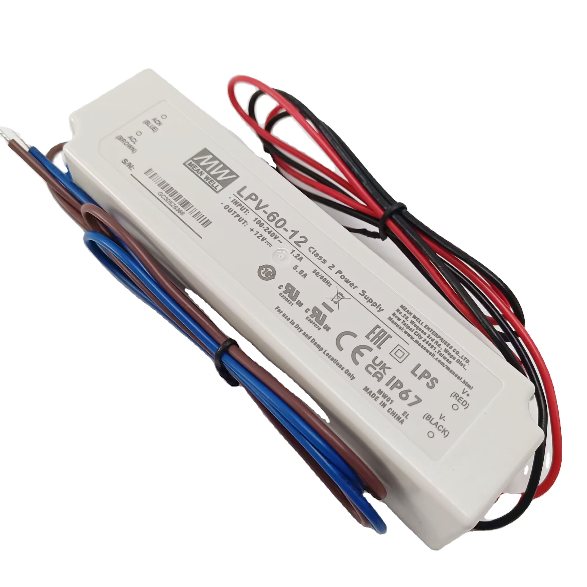 Mean Well LPV-60-12 12V 5A 60W, colokan listrik keluaran tunggal seri LPV-60 Led Driver 5V 15V 24V 36V 48V Meanwell