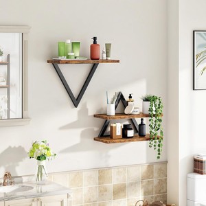 Wooden Floating <b>Shelf</b> <b>Wall</b> <b>Mounted</b> Storage Rack With Metal Frame Triangle Shape For Living Room Display - Product Image 2