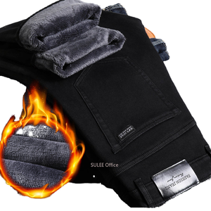 Jeans <span class=keywords><strong>Neri</strong></span> Slim Fit da <span class=keywords><strong>Uomo</strong></span> Inverno 2022, <span class=keywords><strong>Pantaloni</strong></span> in Denim Foderati in Pile Caldo, Taglie Forti, Lavaggio Medio, <span class=keywords><strong>Elasticizzati</strong></span> in Velluto - Product Image 4