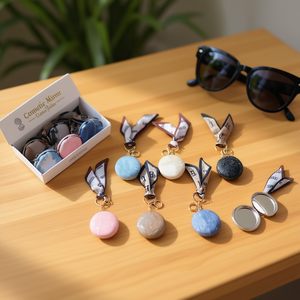 Specchietto Cosmetico Z 7,3 cm con Portachiavi in Denim a Quadri e Foulard in Seta, Specchio Tascabile, Accessorio Moda Donna - Product Image 3