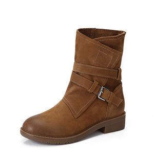 Bottes Martin mi-mollet vintage pour femme, style britannique, confortables, en cuir de vachette véritable, fourrées, zippées, respirantes, souples, pour l'hiver - Product Image 2