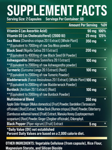 كبسولات أعشاب الطحالب البحرية مع زيت الحبة السوداء والأشواغاندا والكركم وعشبة البلادروراك والجذر الصيني والزنجبيل، مكملات غذائية بشعار حسب الطلب - Product Image 2