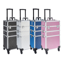 Chariot de Maquillage 3-en-1 en Aluminium Grande Mallette de Beauté Coiffure Onglerie Organiseur Cosmétique