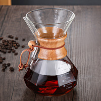 Carafe à café en verre borosilicate avec poignée en bois, pour infusion manuelle, 400ml 600ml 800ml