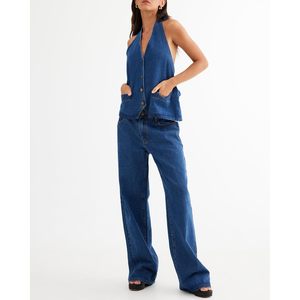 Conjunto de mezclilla Fisoew para mujer: Top sin espalda con botones y jeans de pierna ancha, conjunto de 2 piezas de algodón lavado a la piedra - Product Image 3