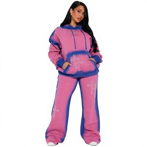 <b>Tech</b> Fleece Acid <b>Wash</b> Sun Faded Rhinestone Streetwear Solid Heavyweight Quick-Drying Breathable Women's Flared Sweatpants Hoodie - Product Image 1