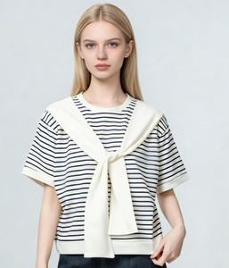 Haut en tricot rayé de style coréen avec logo personnalisé, col rond, patchwork polyvalent, manches mi-longues, confortable, décontracté pour femmes - Product Image 1
