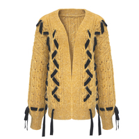 Cardigan en tricot torsadé pour femme, col en V, jaune, avec détails en ruban noir à nouer, coupe ample, manches longues, ouvert sur le devant
