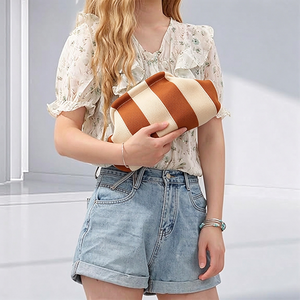 Women Vintage Open Summer Beach Dumpling Clutch Woven <b>Handbag</b> Ruched Casual Knitted Striped Colorblock - Product Image 5