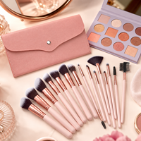 Kit de 16 pinceaux de maquillage professionnels roses pour le visage entier avec pochette de rangement, logo personnalisé, pour fond de teint, blush et fard à paupières